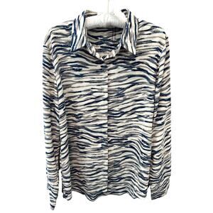 SARAH JOHN | Zebra Print Button Front Blouse Blue Ivory Long Sleeve Top | T4 10